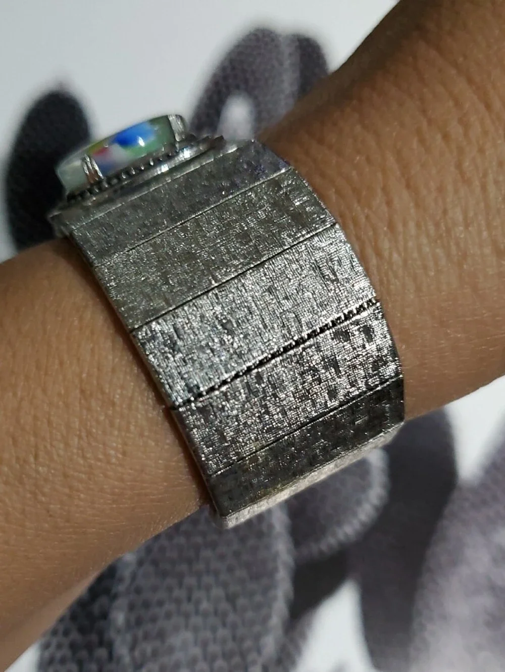 Vintage Silver-Tone Wristband with Multicolor Glass Cabochon Chunky Bracelet
